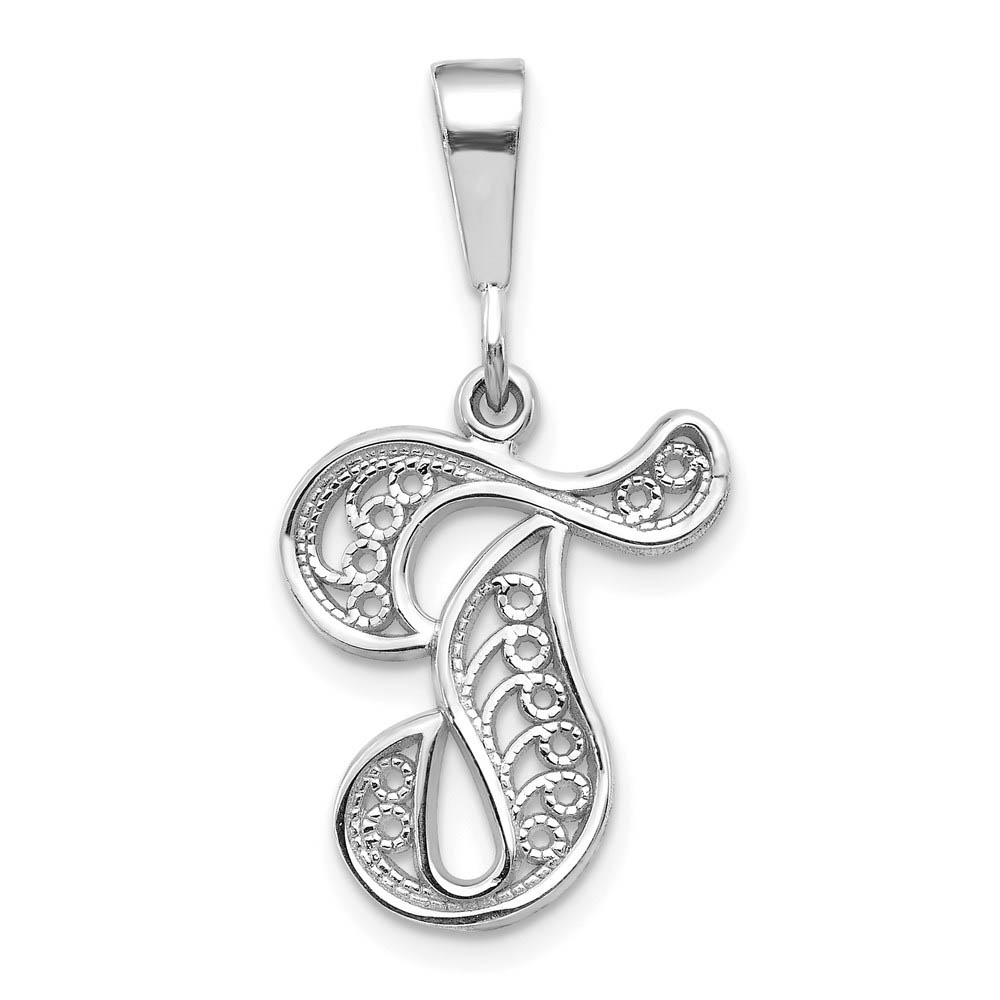 14k White Gold, Maci Collection, Filigree Script Initial T Pendant