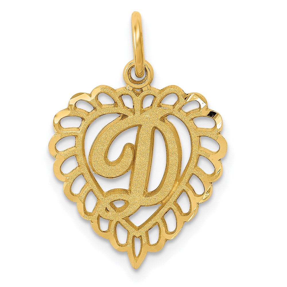 14k Yellow Gold, Grace Collection, Satin Heart Initial D Pendant, 15mm