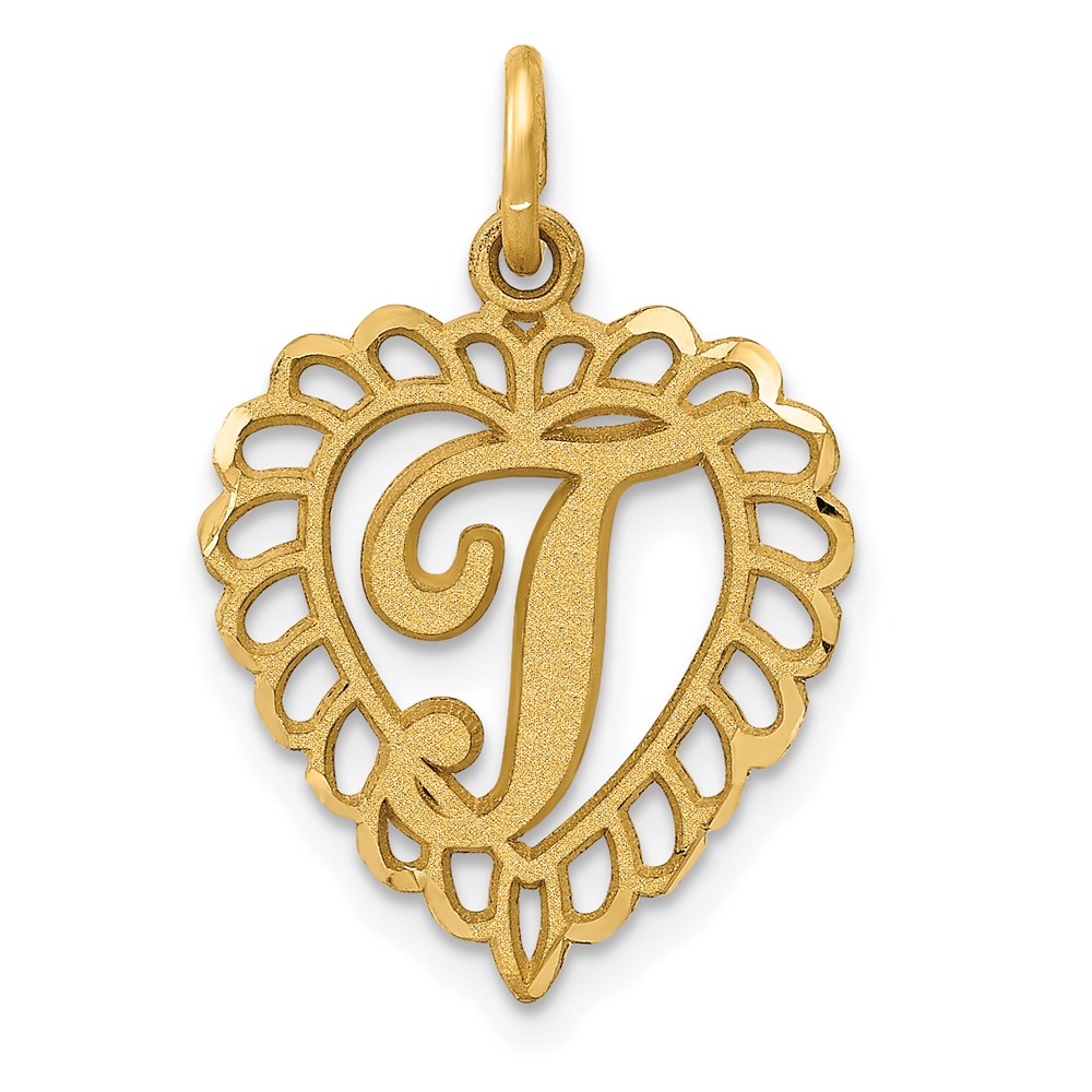 14k Yellow Gold, Grace Collection, Satin Heart Initial T Pendant, 15mm