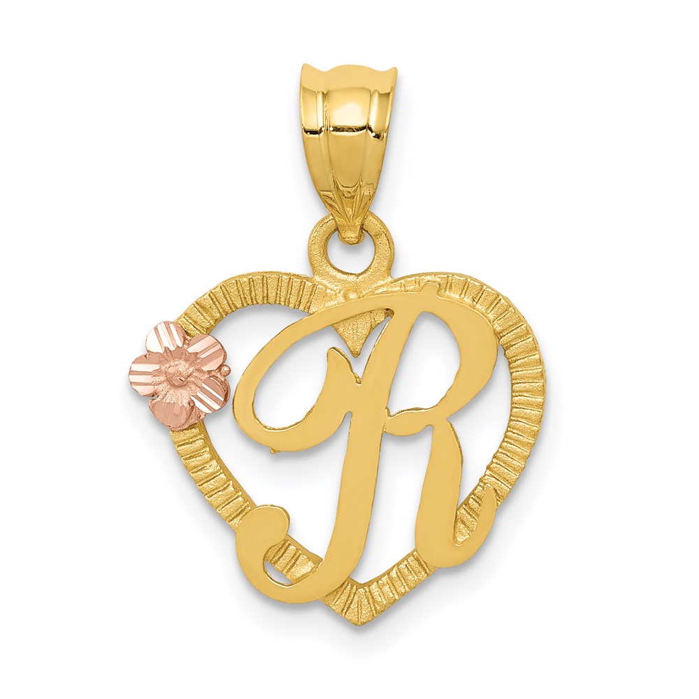 14k Two Tone Gold Grace Collection 15mm Heart Initial R Pendant