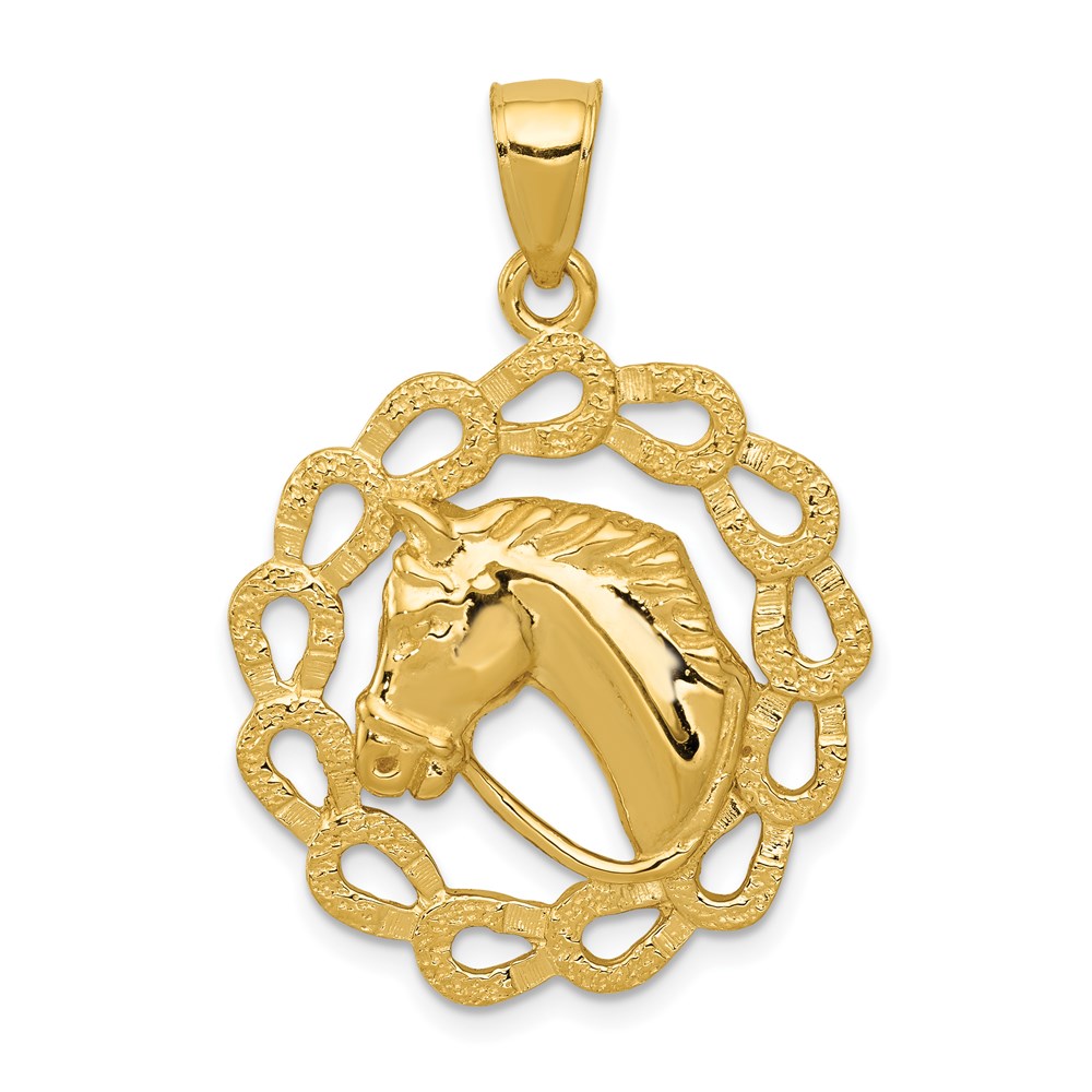 14k Yellow Gold Horse Head and Horseshoe Wreath Pendant, 24mm