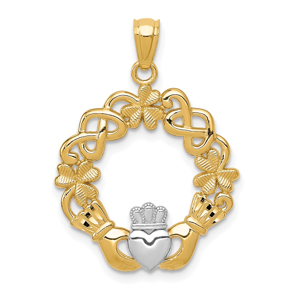 14k Yellow Gold and White Rhodium Irish Claddagh Pendant, 20mm