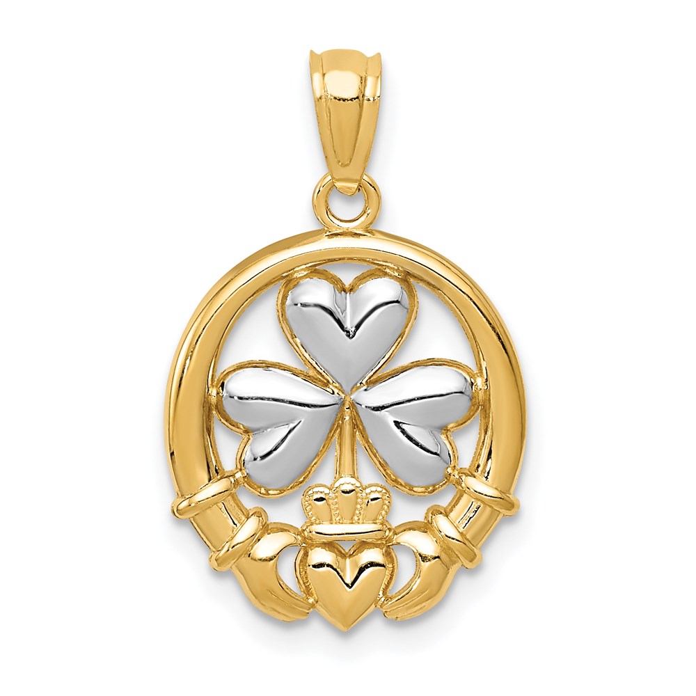 14k Yellow Gold & White Rhodium Two Tone Claddagh and Shamrock Pendant