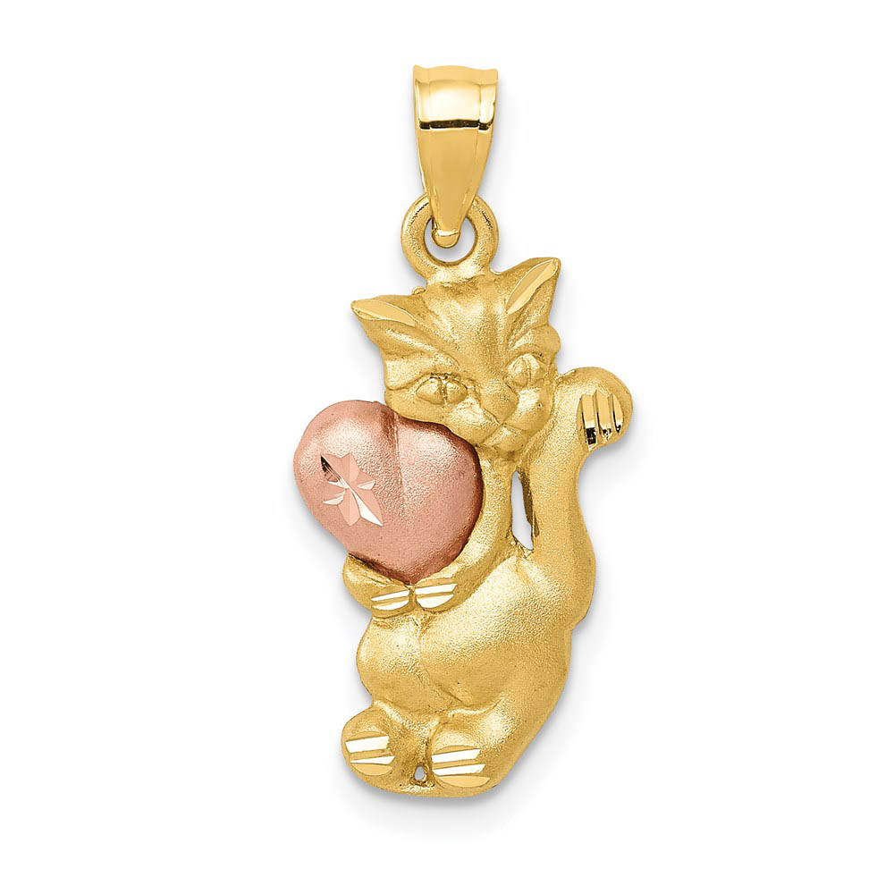 14k Yellow and Rose Gold Satin Cat and Pink Heart Pendant