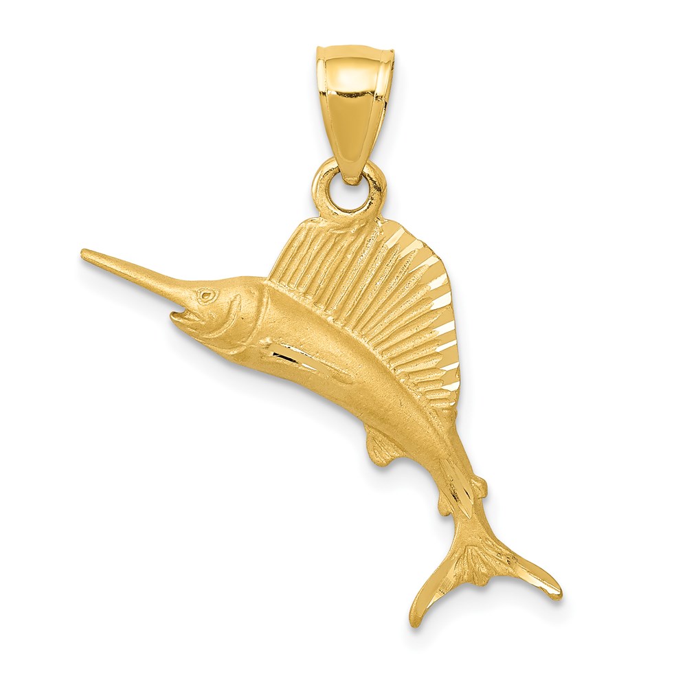 14k Yellow Gold Satin and Diamond Cut Sailfish Pendant