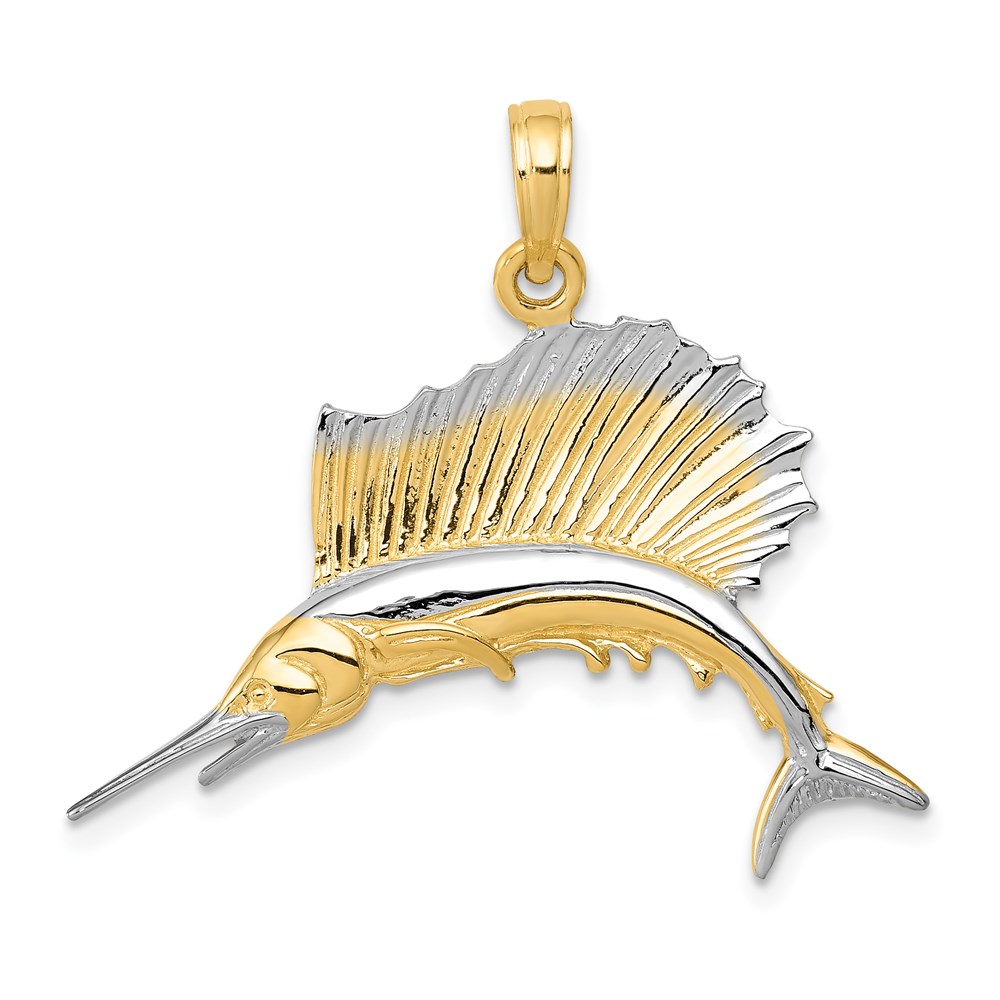14k Yellow Gold and White Rhodium Two Tone Polished Sailfish Pendant