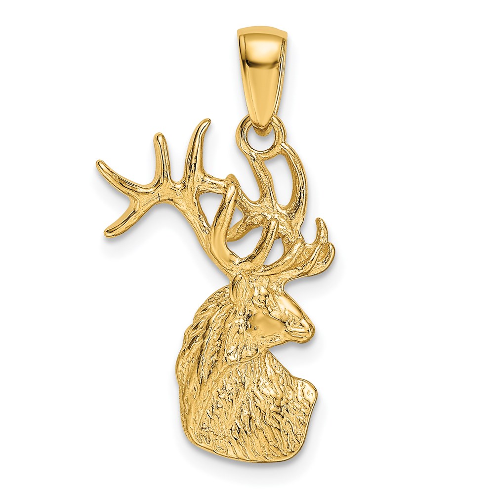 14k Yellow Gold Textured Deer Buck Head Pendant