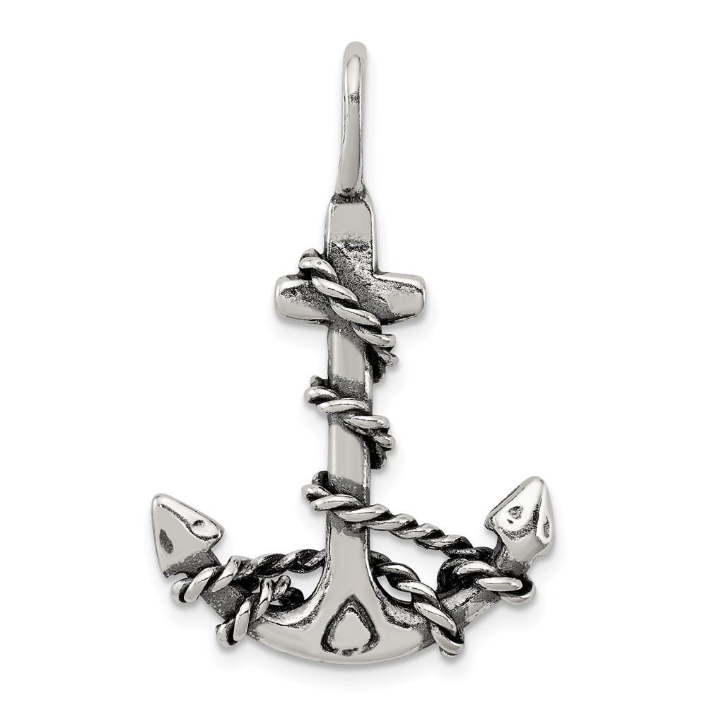 Sterling Silver 3D Antiqued Anchor and Rope Pendant, 22 x 32mm