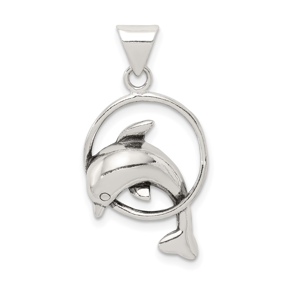 Sterling Silver Antiqued Dolphin and Hoop Pendant