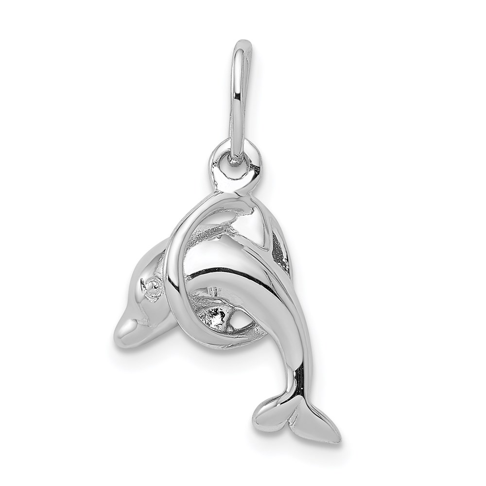 Sterling Silver 3D Polished Dolphin and Hoop Charm
