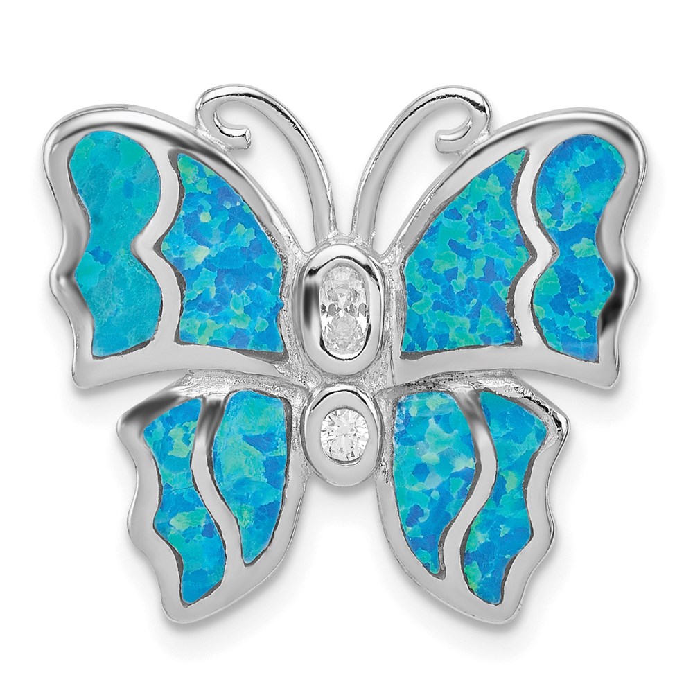 Sterling Silver, Created Opal & CZ Butterfly Pendant, 20mm