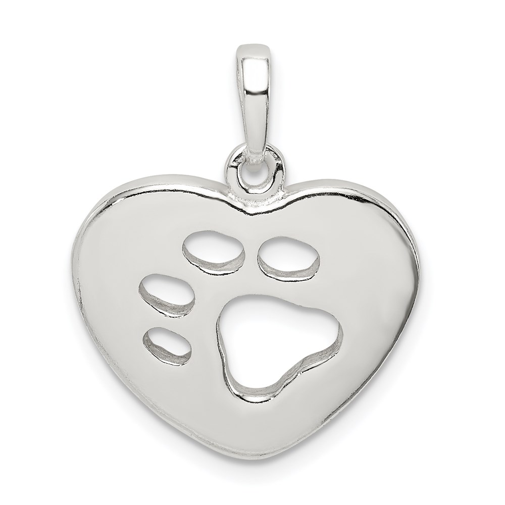 Sterling Silver 19mm Polished Heart and Paw Print Pendant
