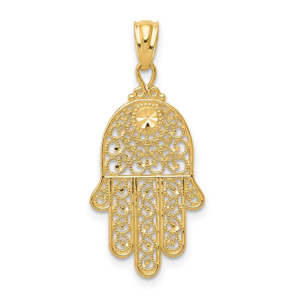 14k Yellow Gold Diamond-Cut Filigree Hamsa Pendant, 13 x 29mm