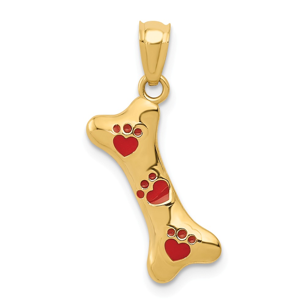 14k Yellow Gold Dog Bone and Red Enamel Paw Prints Pendant