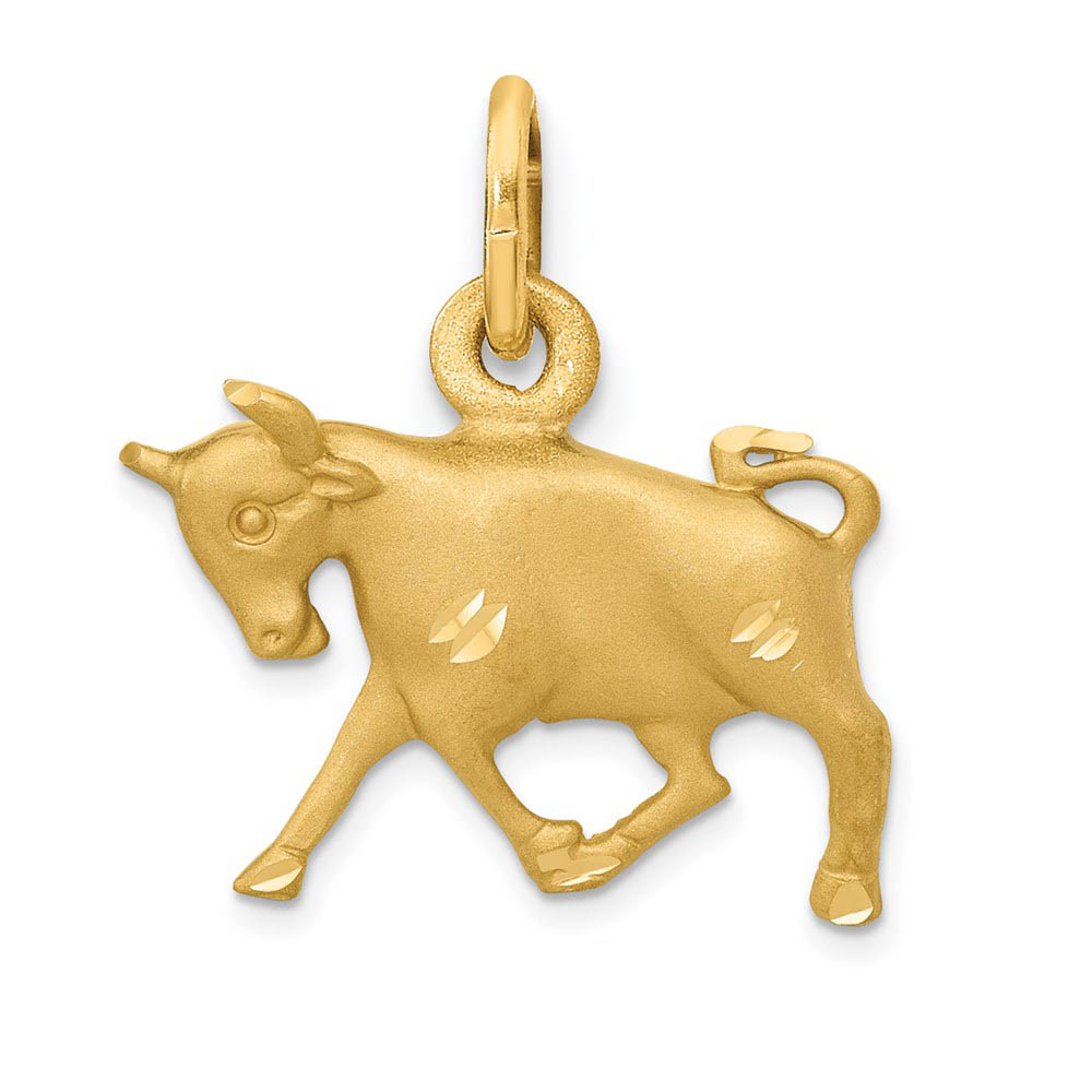 14k Yellow Gold Taurus the Bull Zodiac Satin and Diamond Cut Charm