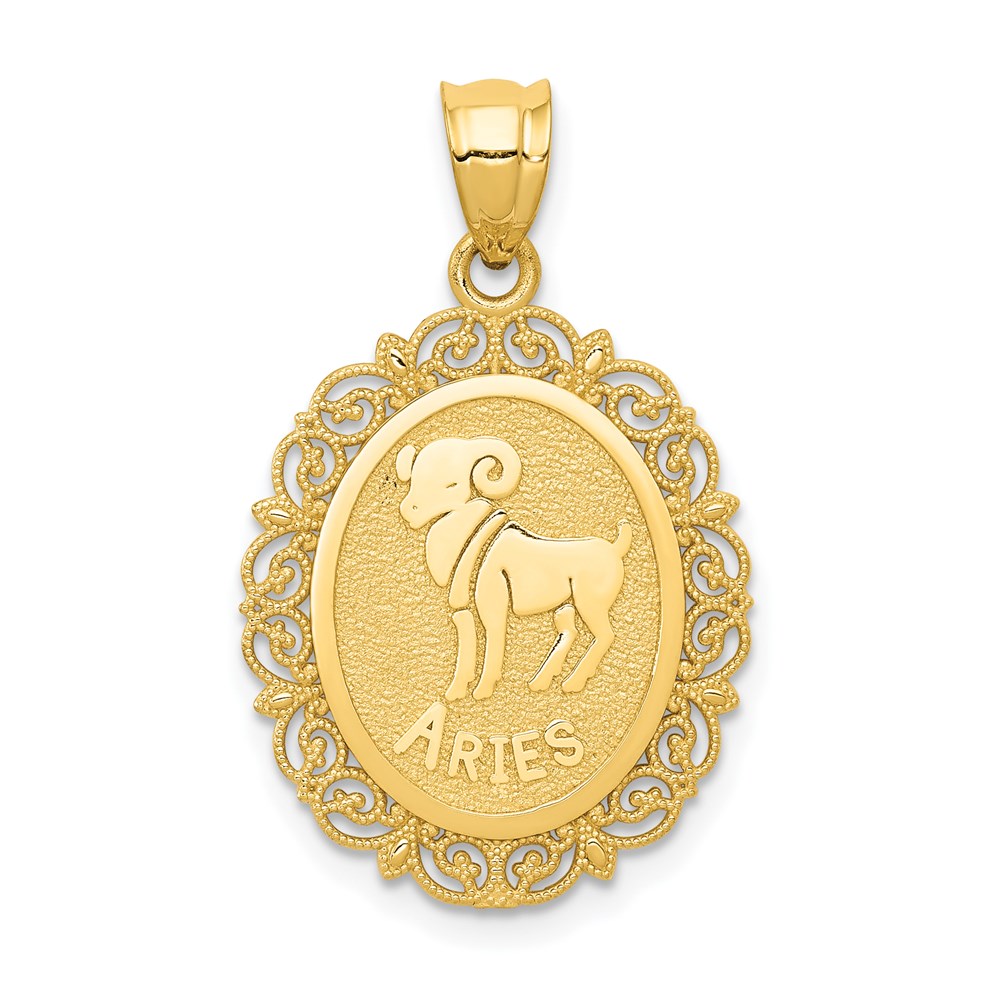 14k Yellow Gold Filigree Oval Aries the Ram Zodiac Pendant, 20mm