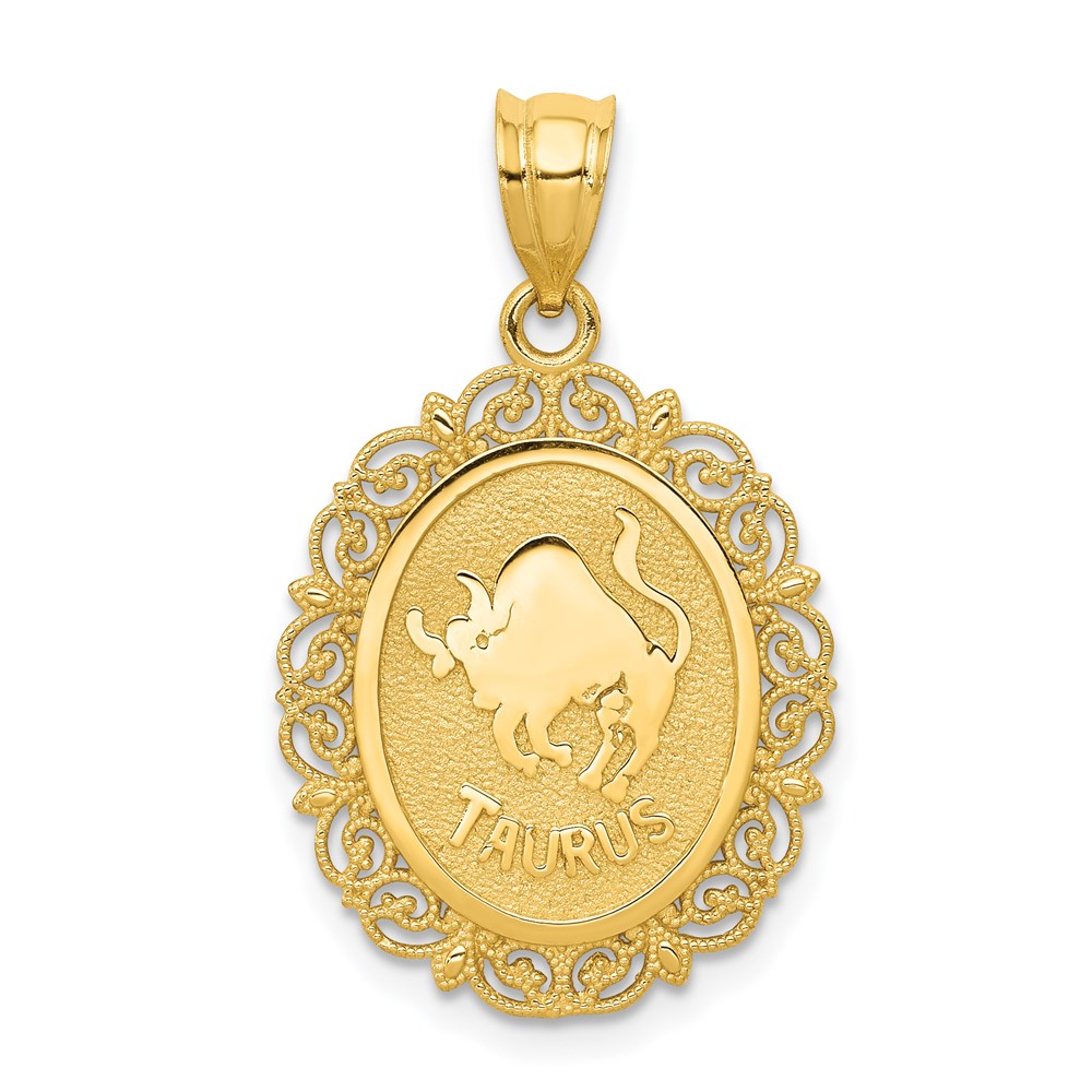 14k Yellow Gold Filigree Oval Taurus the Bull Zodiac Pendant, 20mm