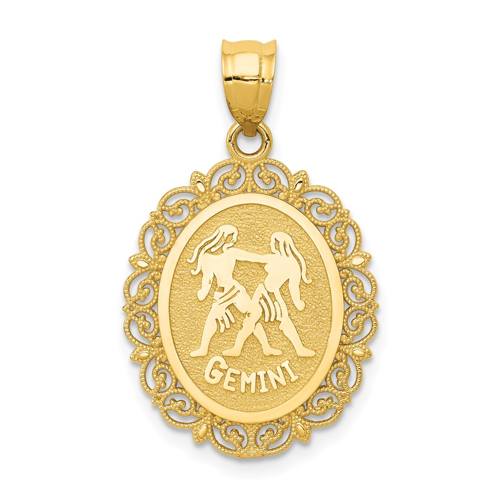 14k Yellow Gold Filigree Oval Gemini the Twins Zodiac Pendant, 20mm