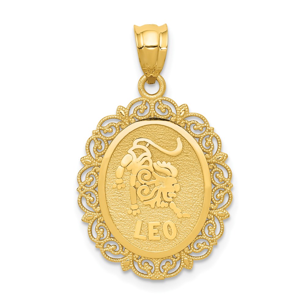14k Yellow Gold Filigree Oval Leo the Lion Zodiac Pendant, 20mm