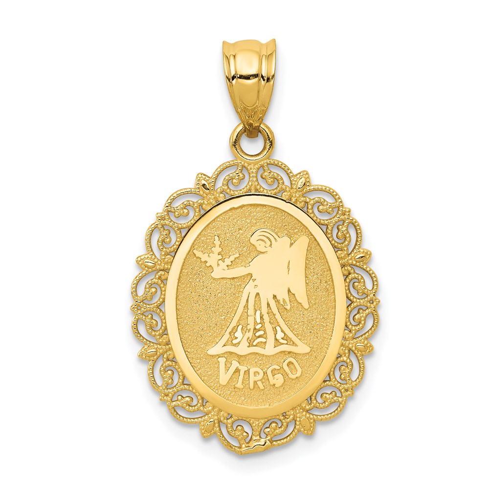 14k Yellow Gold Filigree Oval Virgo the Virgin Zodiac Pendant, 20mm