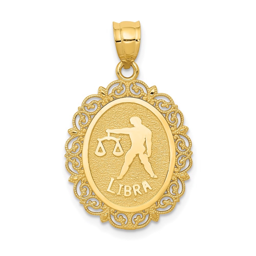 14k Yellow Gold Filigree Oval Libra the Scale Zodiac Pendant, 20mm