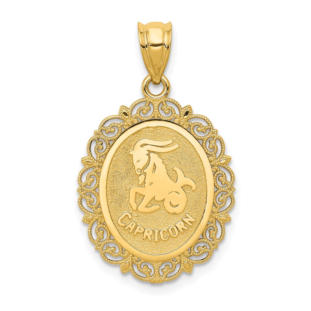 14k Yellow Gold Filigree Oval Capricorn the Goat Zodiac Pendant, 20mm