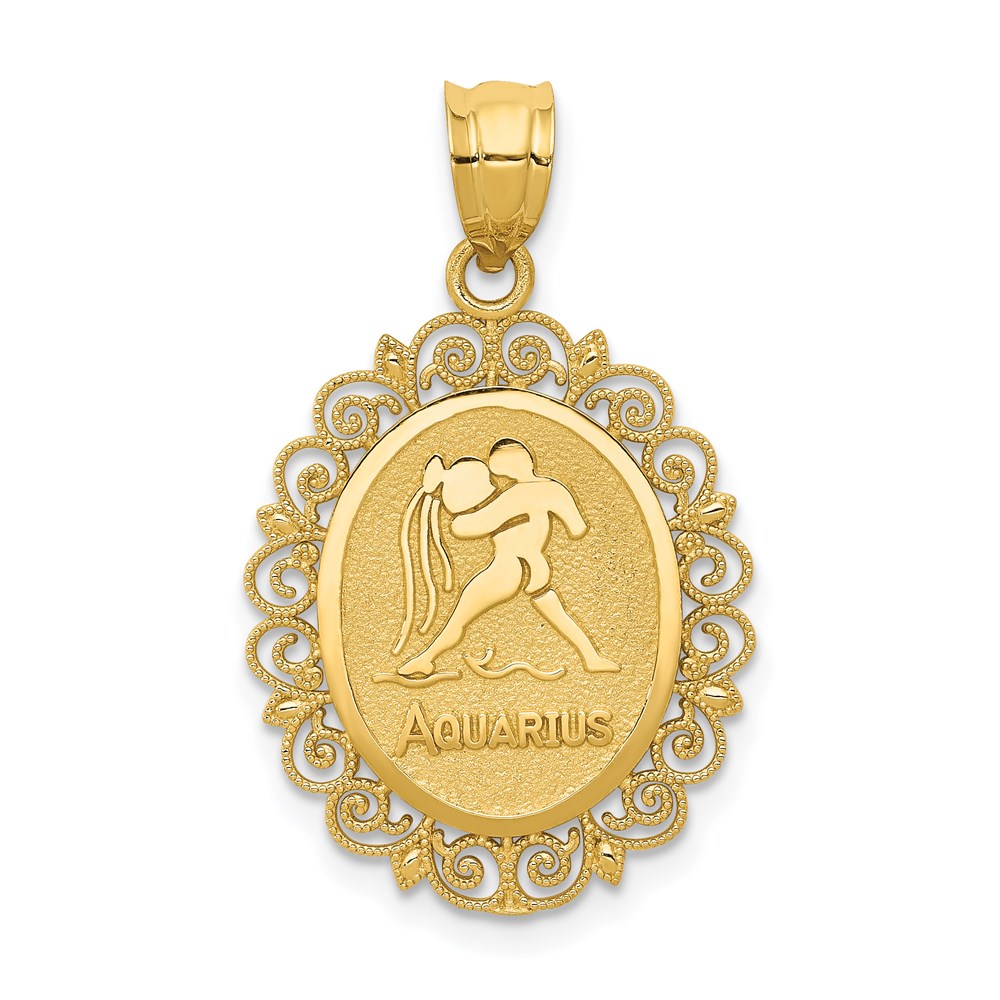 14k Yellow Gold Filigree Oval Aquarius the Water Bearer Pendant, 20mm