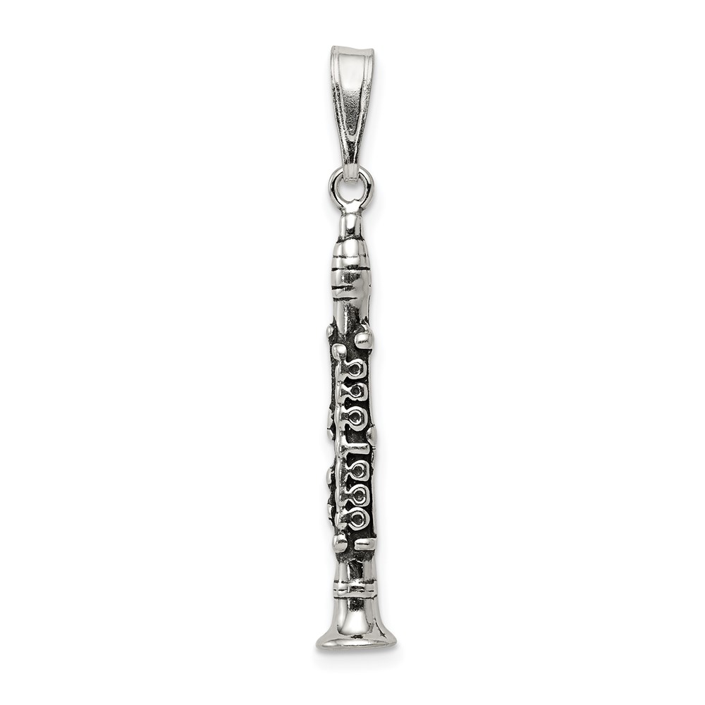 Sterling Silver 3D Antiqued Clarinet Pendant