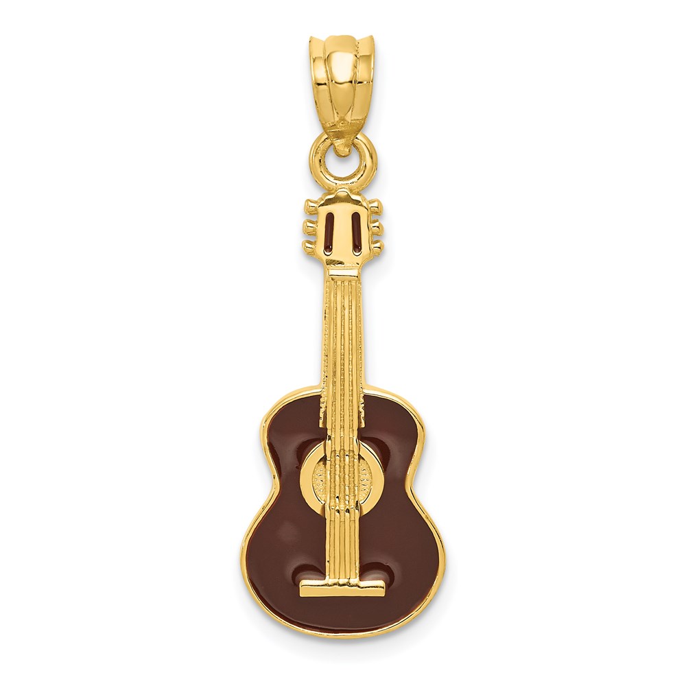 14k Yellow Gold Black Enameled Acoustic Guitar Pendant