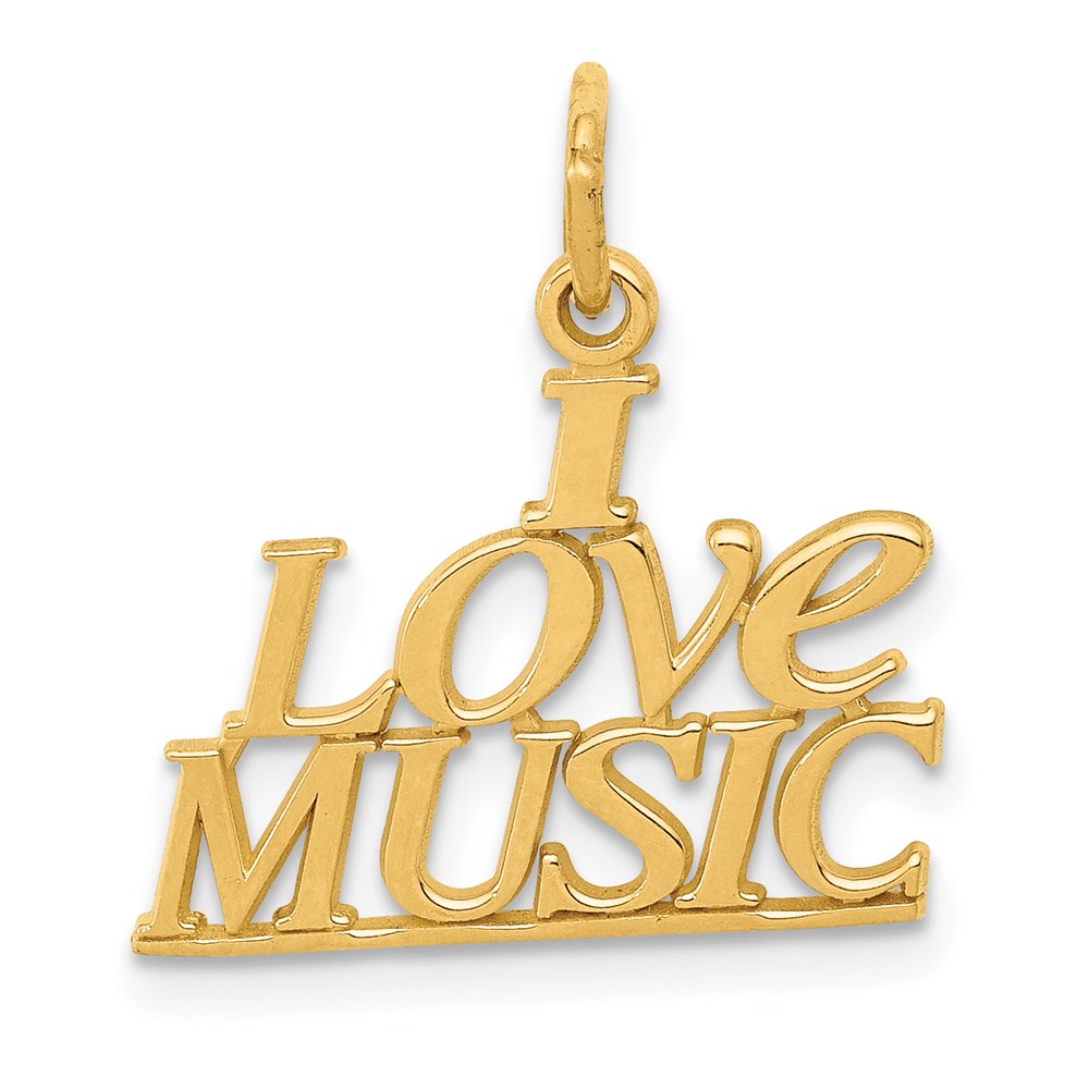 14k Yellow Gold Polished I love Music Script Pendant