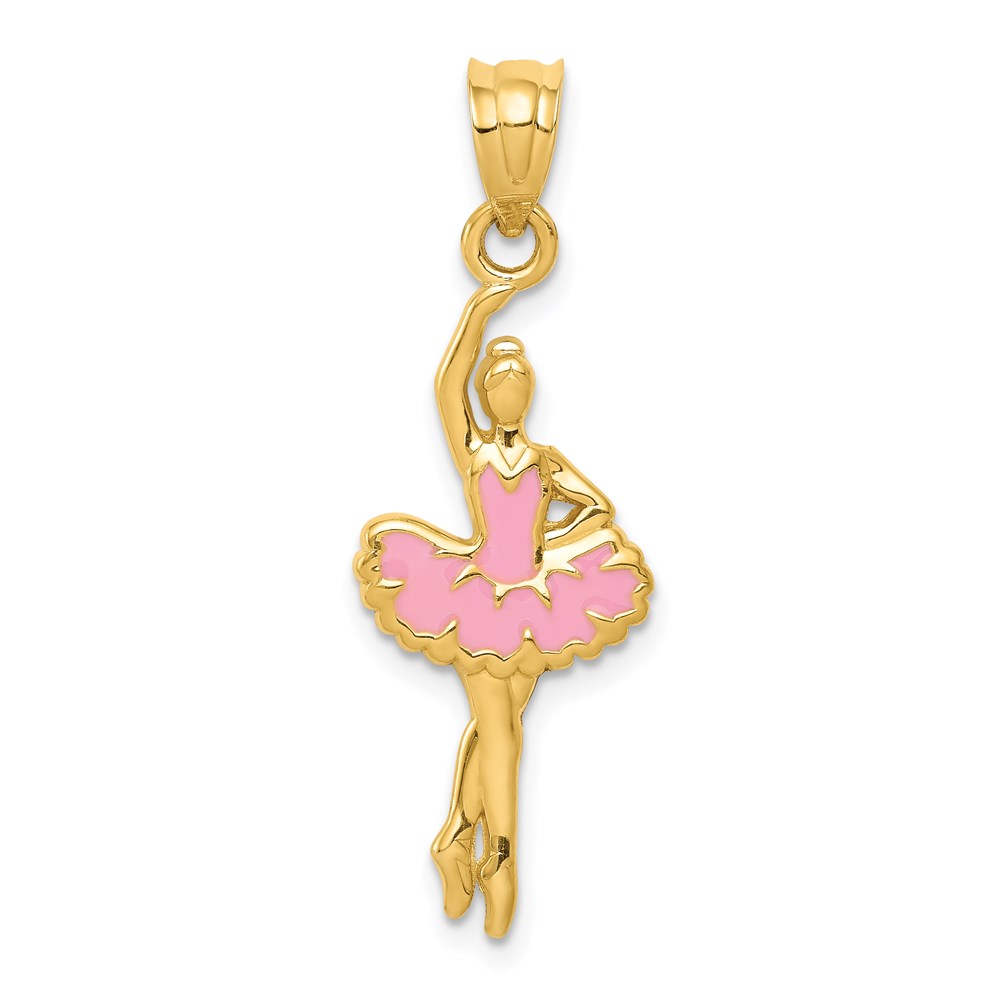 14k Yellow Gold 2D Pink Enameled Ballerina Pendant