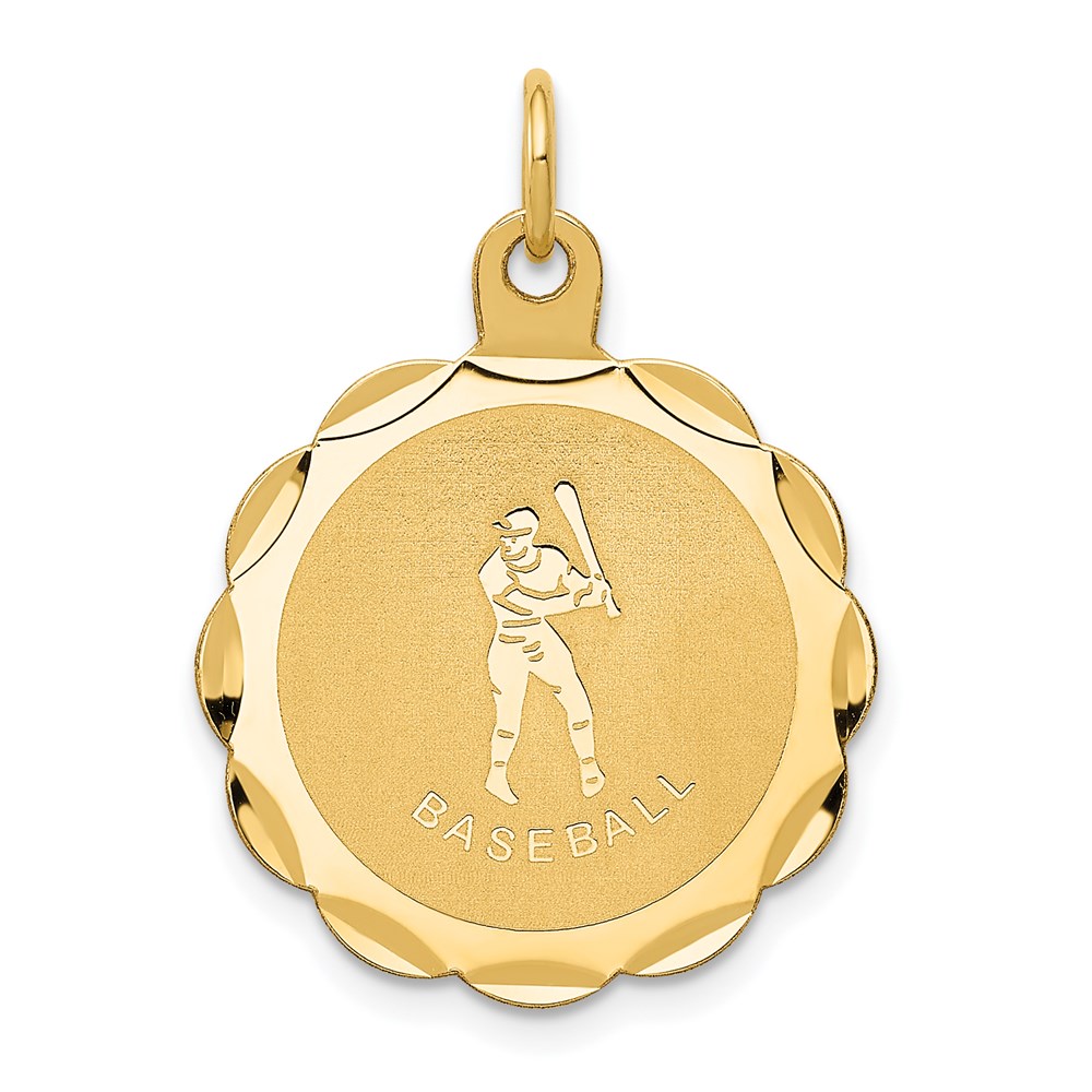 14k Yellow Gold Laser Etched Baseball Disc Pendant, 20mm