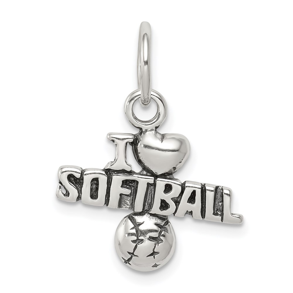 Sterling Silver Antiqued I Heart Softball Script Charm