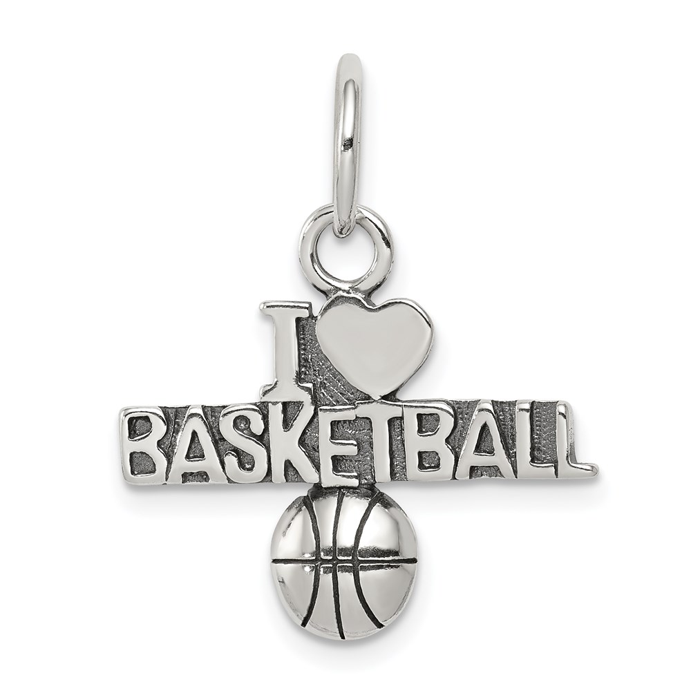 Sterling Silver Antiqued I Heart Basketball Script Pendant