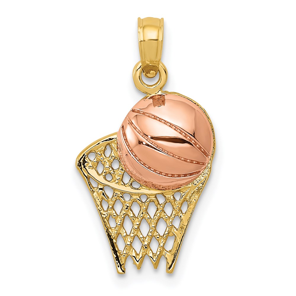 14k Yellow and Rose Gold Basketball Hoop and Ball Pendant