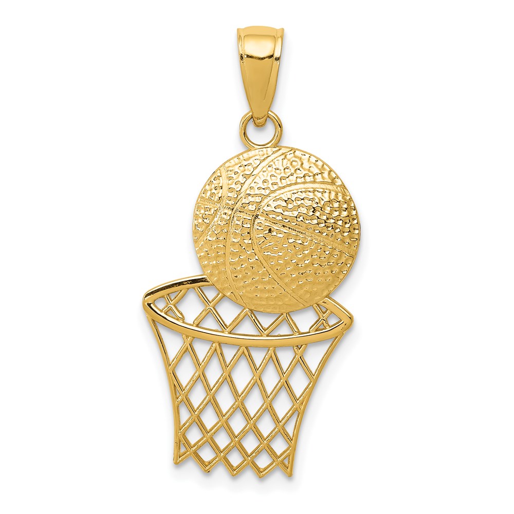14k Yellow Gold Diamond Cut Basketball and Net Pendant