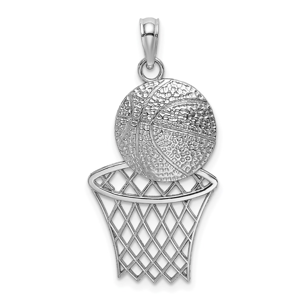 14k White Gold Diamond Cut Basketball and Net Pendant