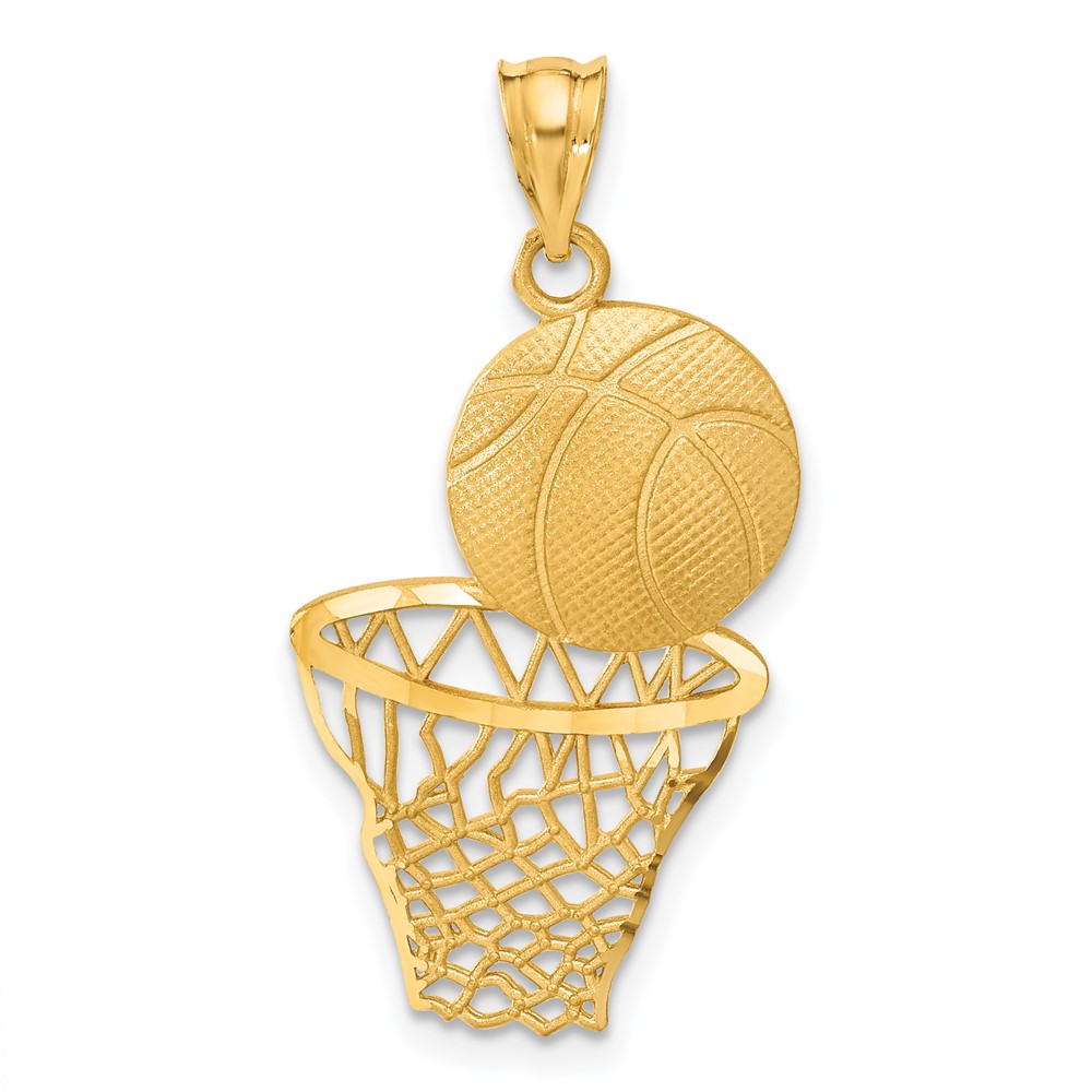14k Yellow Gold Satin & Diamond Cut Basketball and Net Pendant