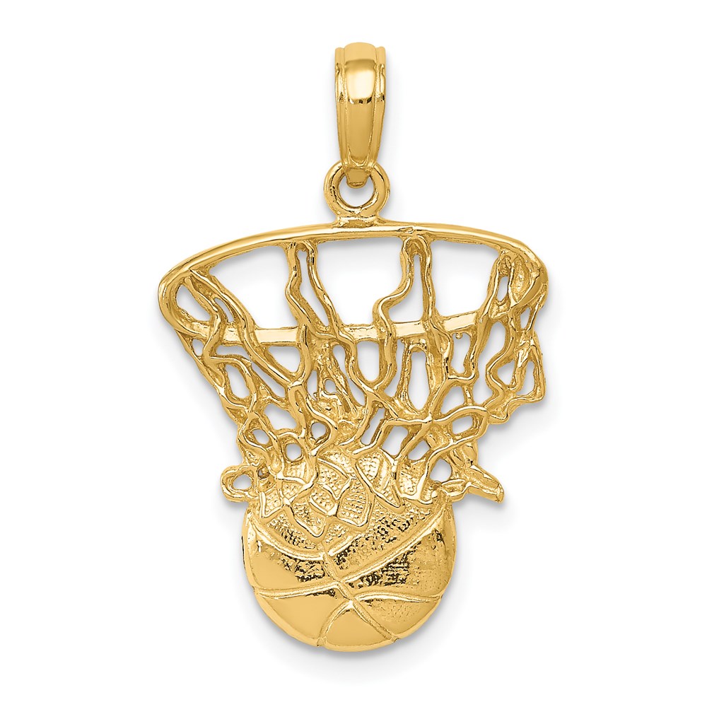 14k Yellow Gold Swoosh Basketball Through Net Pendant
