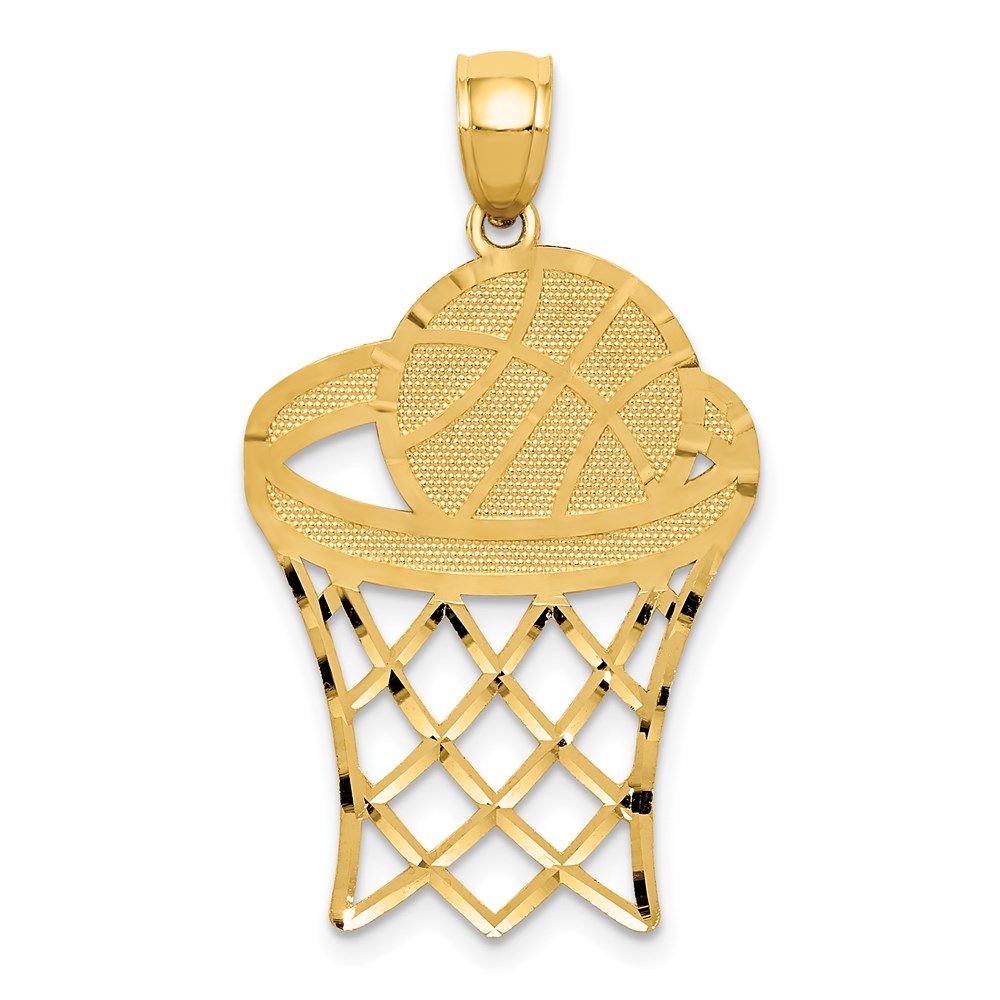 14k Yellow Gold Diamond Cut Basketball Hoop & Ball Pendant
