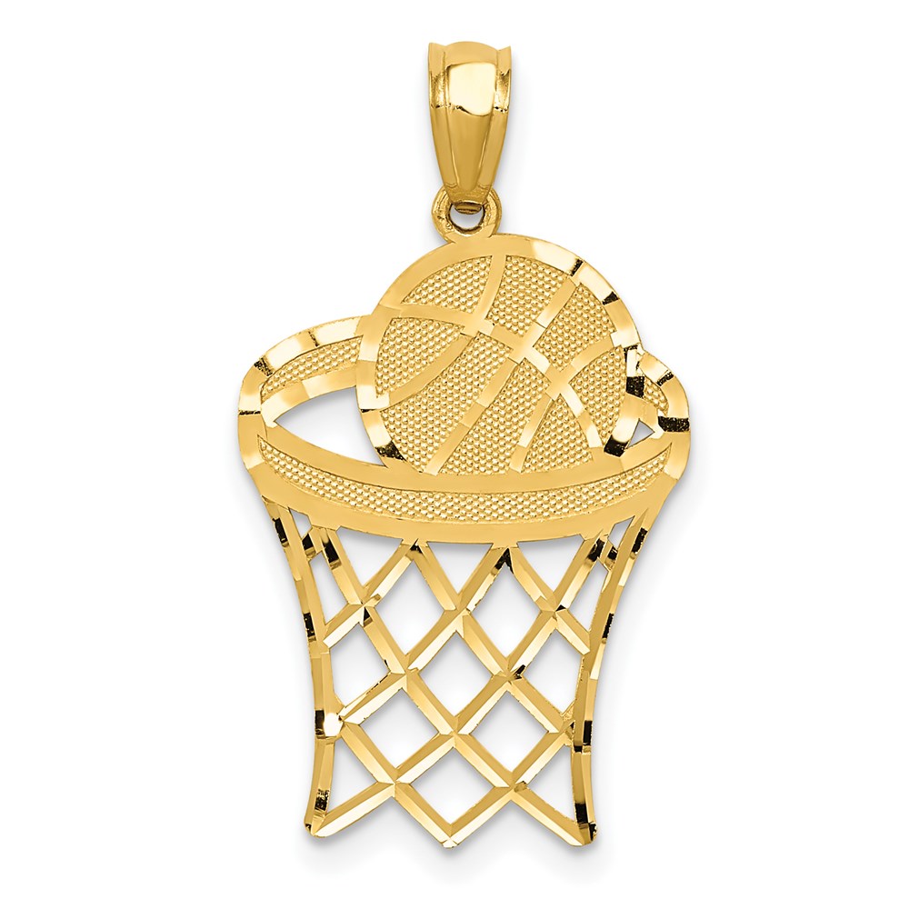 14k Yellow Gold Diamond Cut Basketball Hoop and Ball Pendant