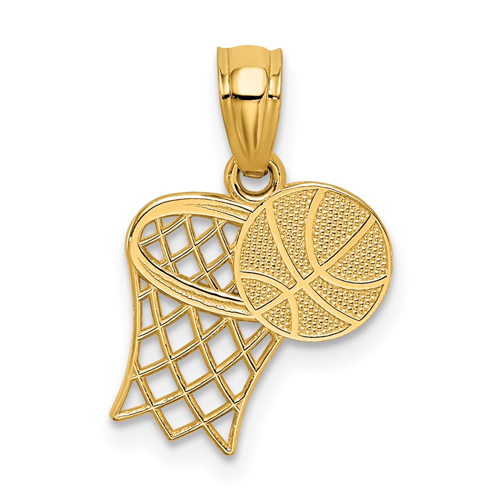 14k Yellow Gold Basketball Hoop and Textured Ball Pendant