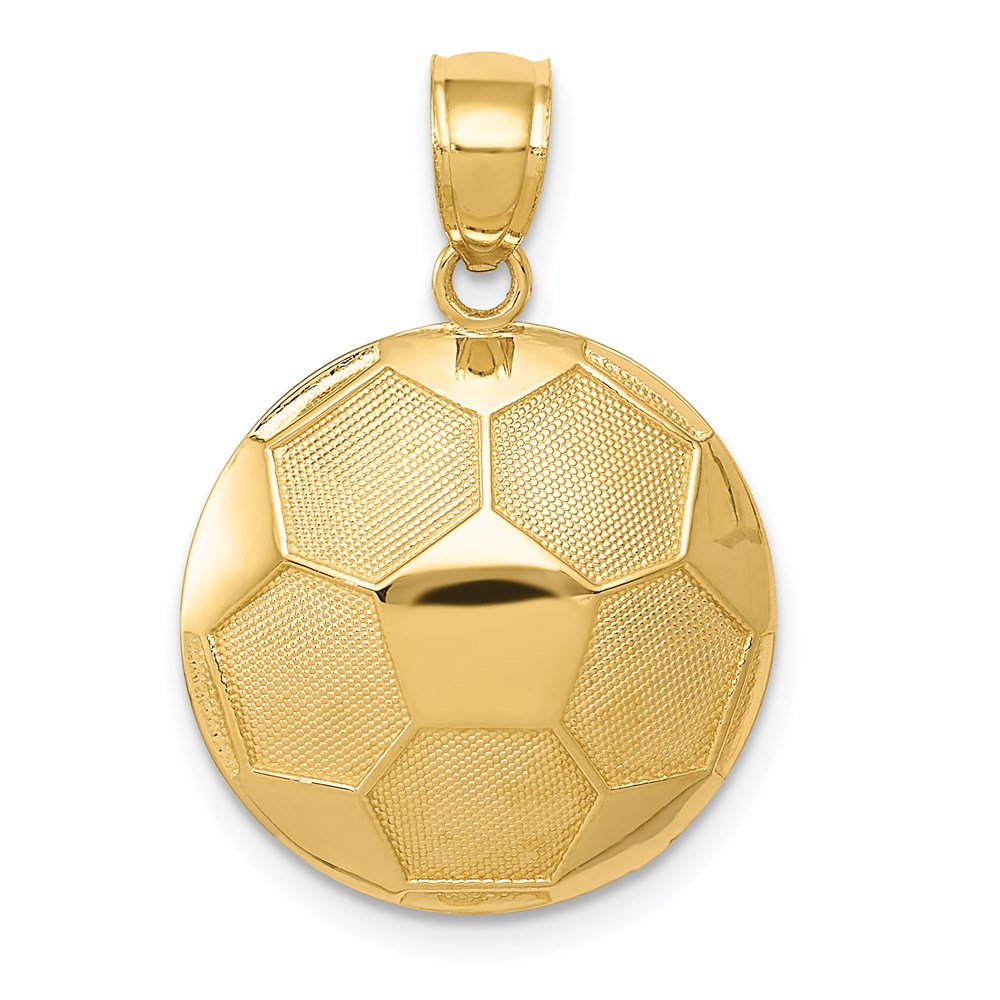 14k Yellow Gold Satin and Polished Soccer Ball Pendant, 17mm