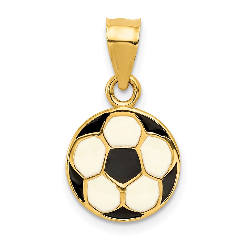 14k Yellow Gold & Enamel, Black & White Flat Soccer Ball Pendant, 12mm