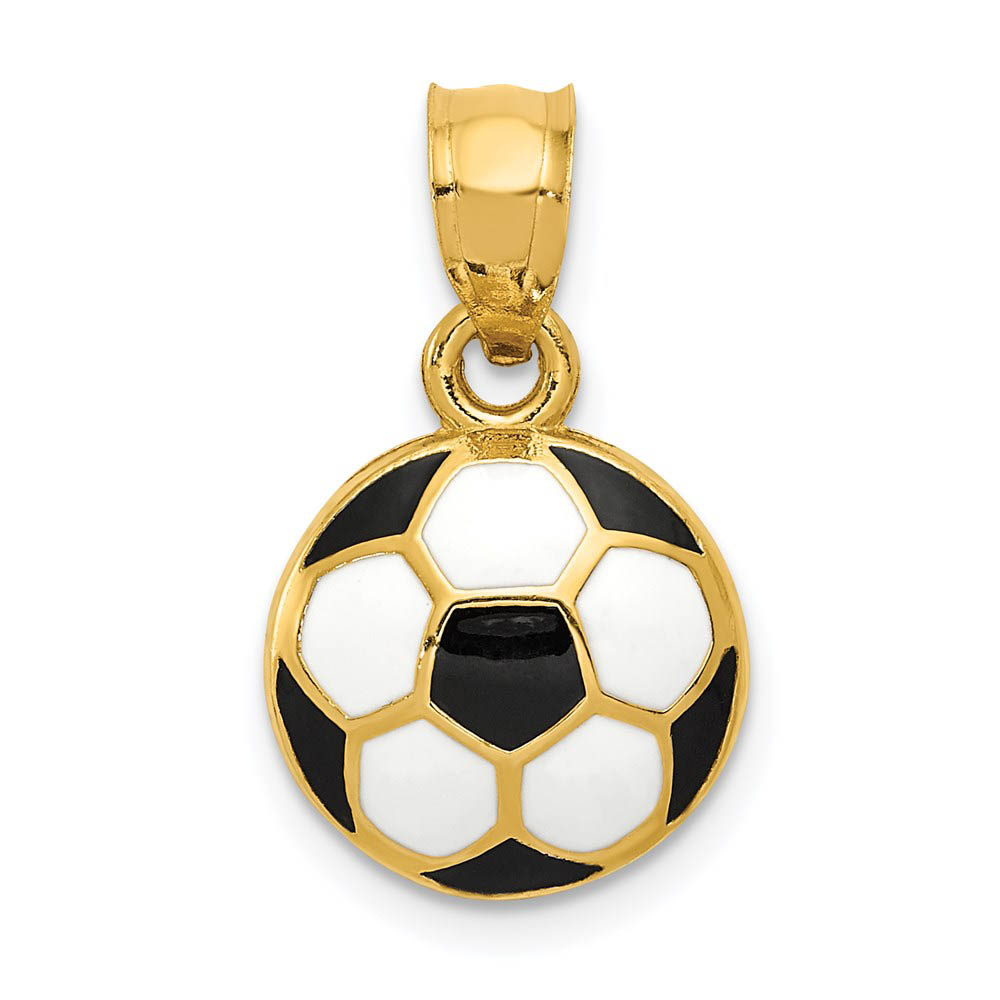 14k Yellow Gold & Enamel Domed Black & White Soccer Ball Pendant, 12mm