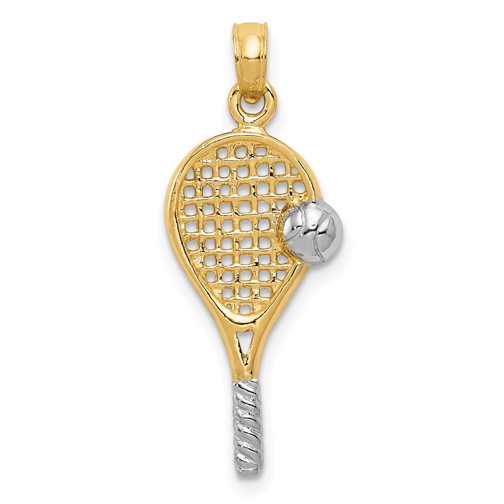 14k Yellow Gold & White Rhodium Tennis Racquet & Ball Pendant