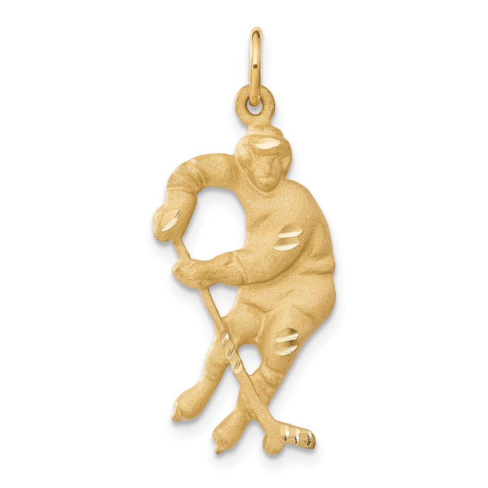 14k Yellow Gold Satin and Diamond Cut Hockey Player Pendant