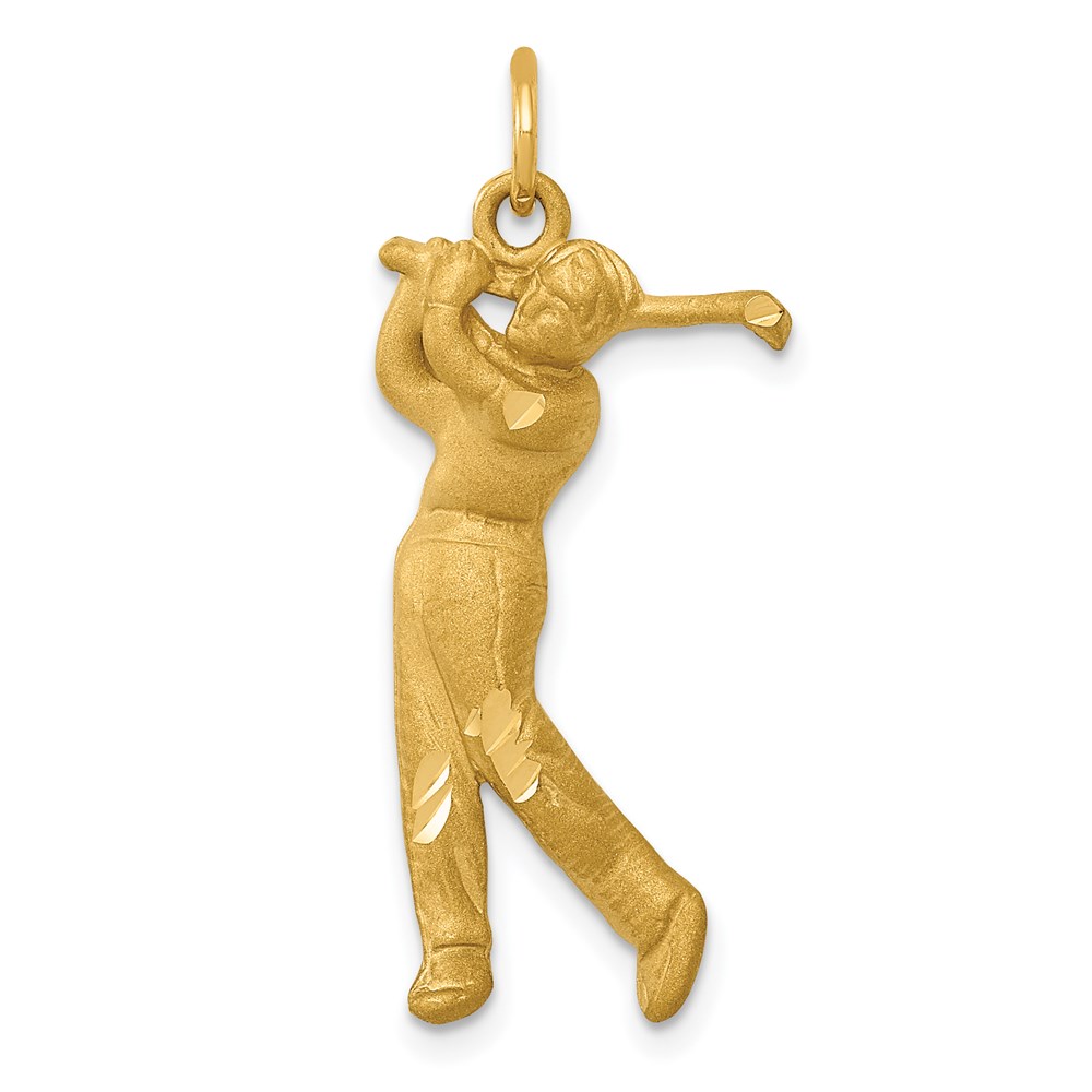 14k Yellow Gold Satin and Diamond Cut Male Golfer Pendant