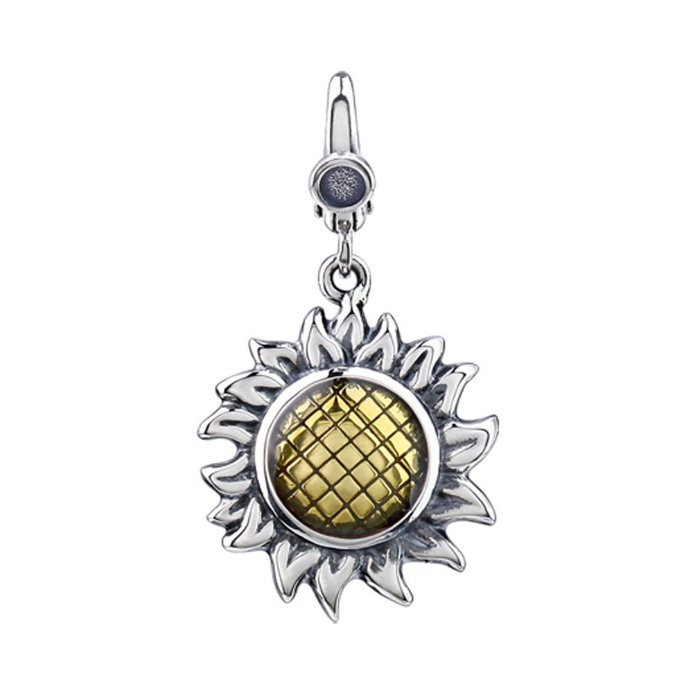 Sterling Silver and Enamel Antiqued 3D Sunflower Clip-On Charm