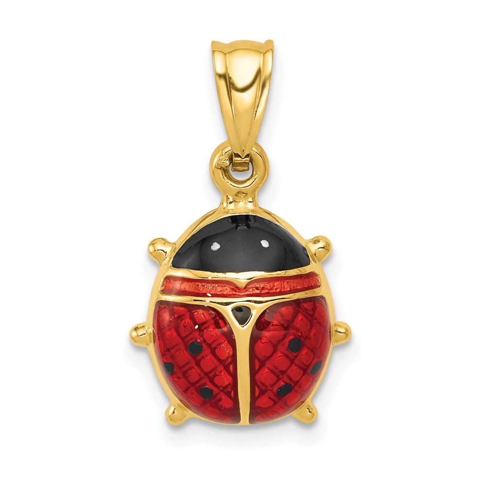 14k Yellow Gold 3D Red Enameled Ladybug Pendant, 15mm
